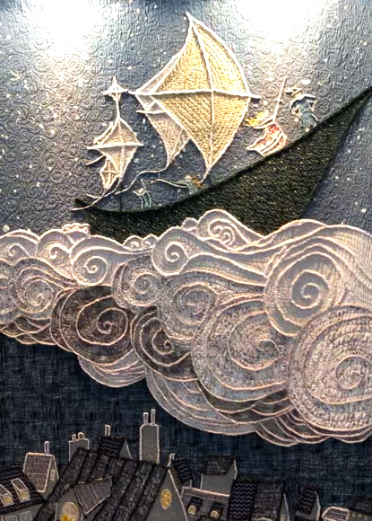 This quilt features a boat floating away on clouds. An incredible swirling texture is created with Chenille-It