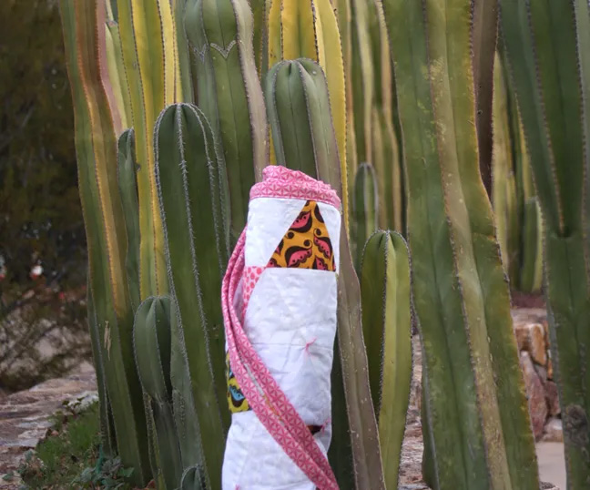 Quilt roll of tummy tie quilt leaning against a sew of cactus. 