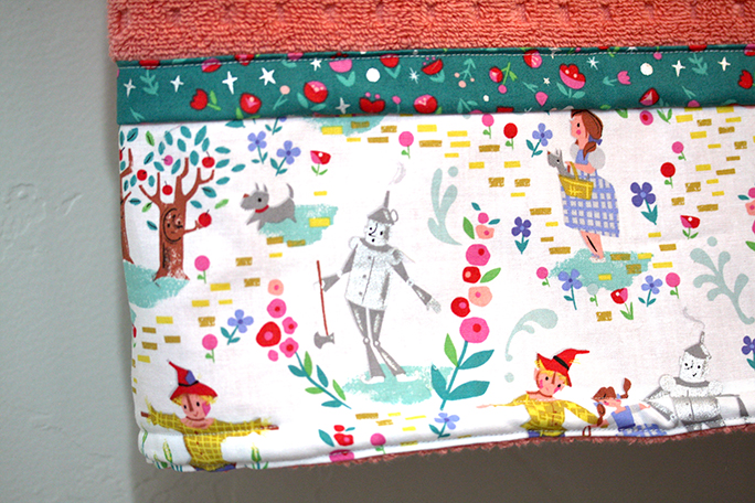 close up of the two Dorothy's Journey Fabric I used for the towel