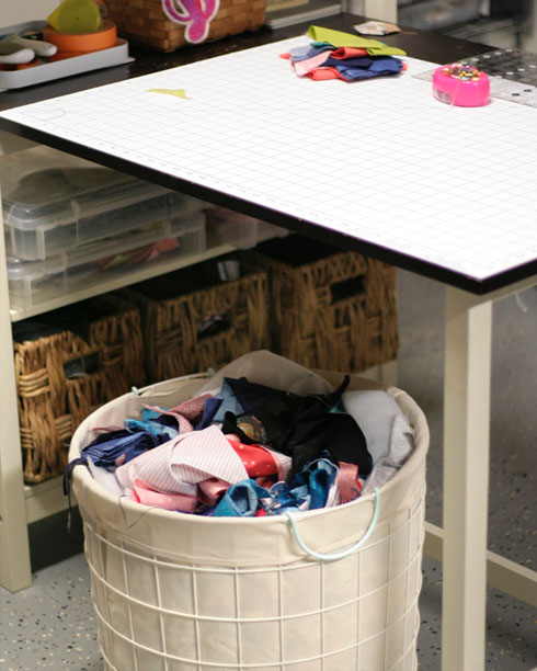 keep the unwanted fabric in a basket so you can stuff dog beds and pillow with it