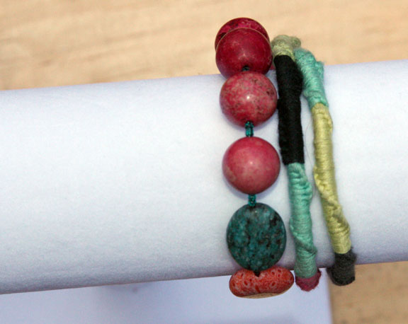 Here is a three strand bracelet. One is beaded and the other two are a spiral of knots  